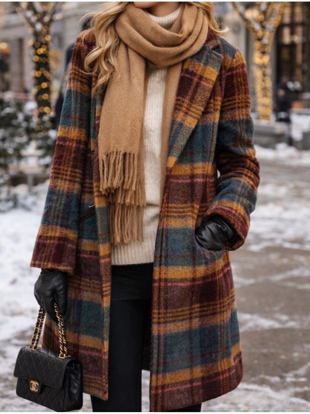 Rachel Zoe Plaid Wool Blend Open Front Coat Size L